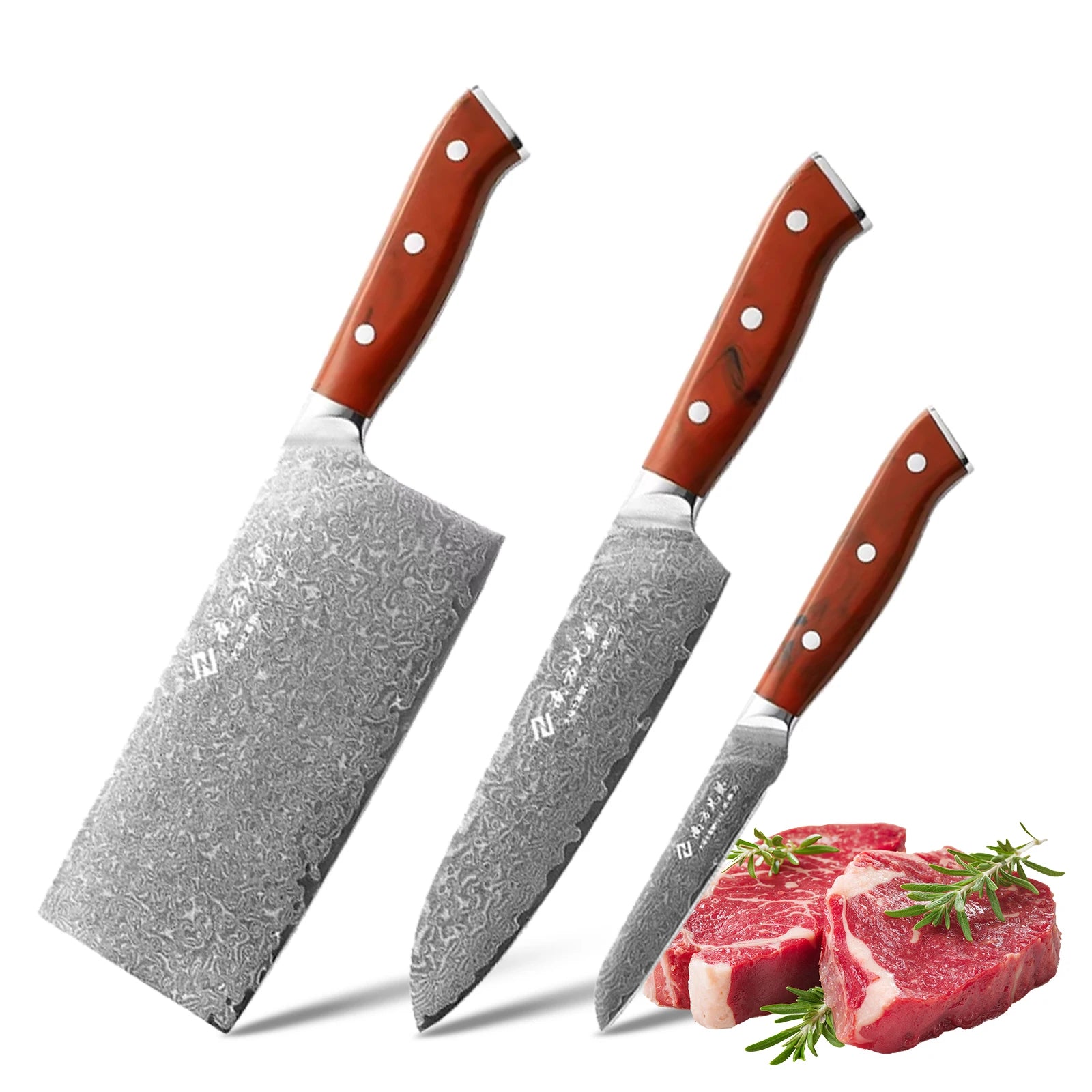 Professional 3 Pieces Real Damascus Steel VG10 Kitchen Knife SetThe Three Rivets Are Set Like Rubies on the Red ABS Handle