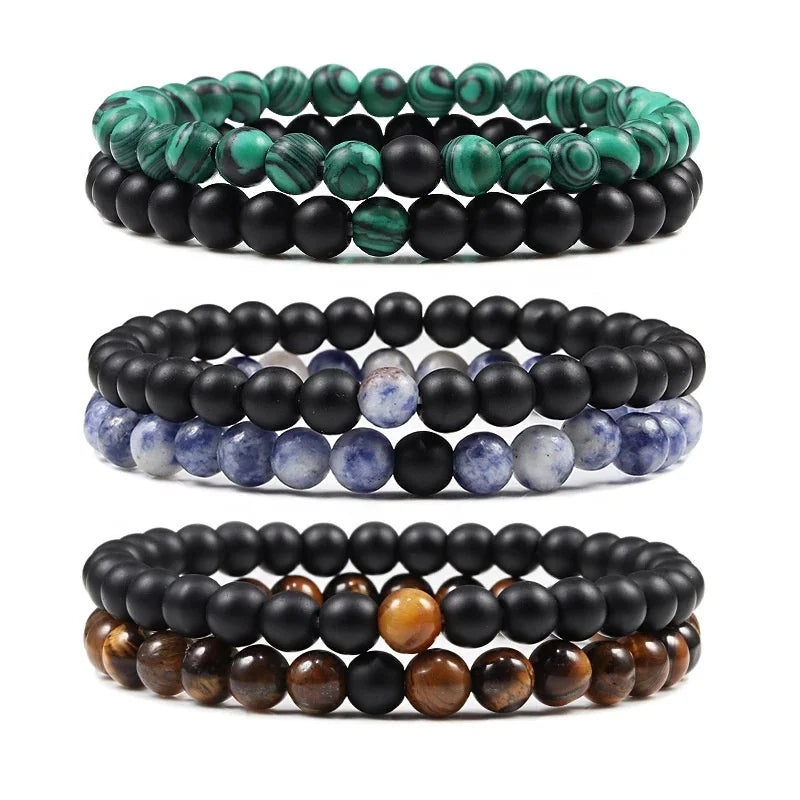Set Bracelet Couples Distance Black White Natural Lava Stone Tiger Eye Beaded Yoga Bracelets for Men Women Elastic Rope Jewel