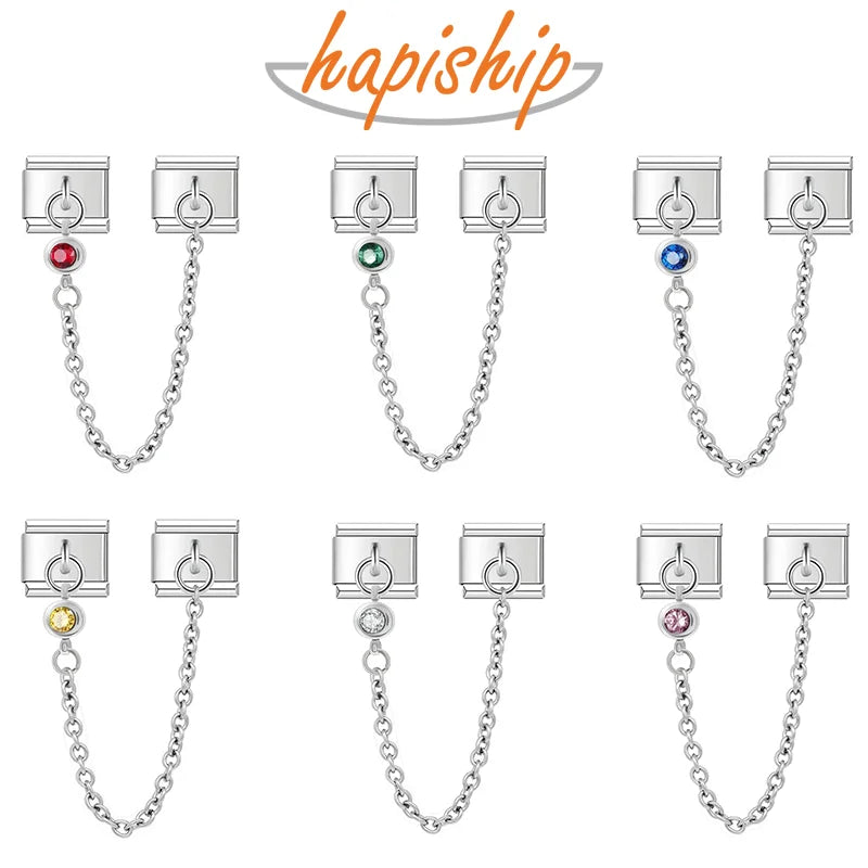 Hapiship Original Design Round Color CZ Chain Link Italian Charm Fit 9mm Bracelet Stainless Steel Making DIY Jewelry DJ319