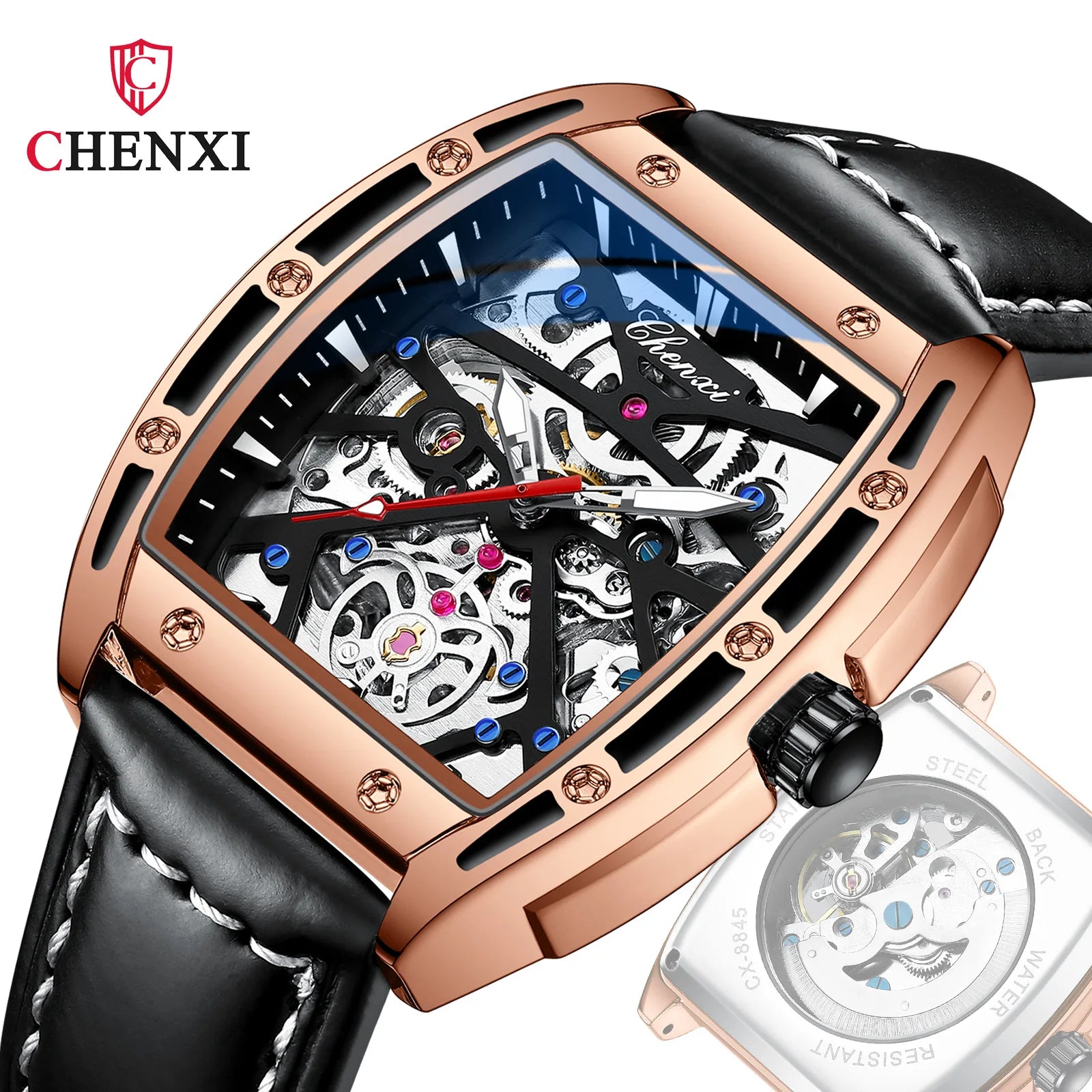 CHENXI Watch Men's Machinery Wholesale Barrel-shaped Hollow Automatic Leather Waterproof Luminous TikTok Explosions Men