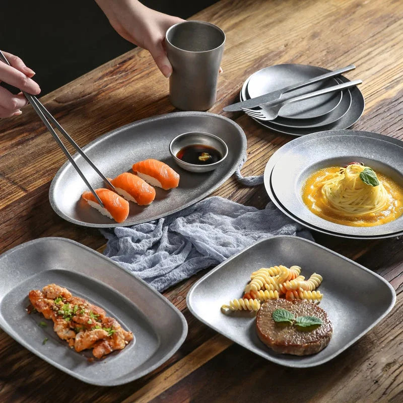304 Stainless Steel to Make Old Vintage Tableware Industrial Wind Bowl Plate Plate Fork Spoon Chopsticks  Camping Tableware S