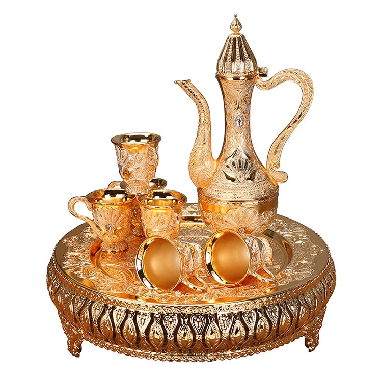 Home Decor European Style High Plate Metal Tea Set Light Luxury Golden Creative Tea Kettle and Tea Cup Set