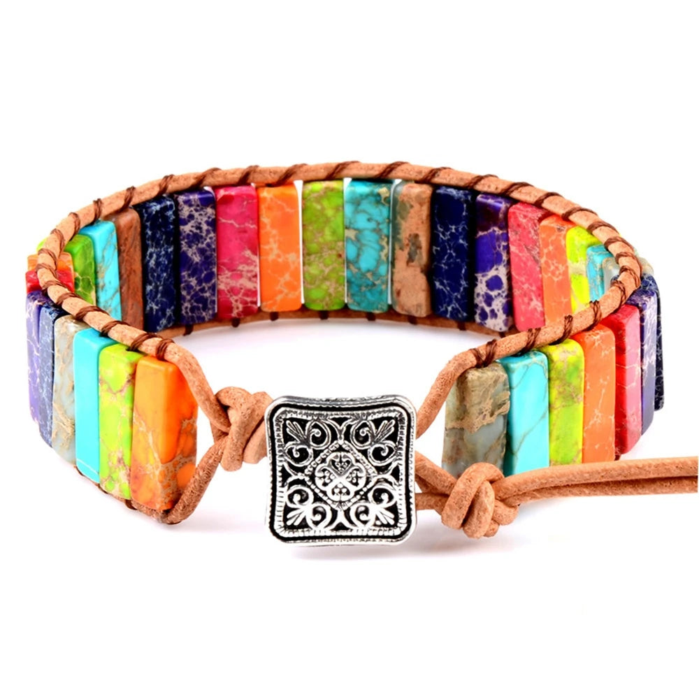 High Quality Handmade Wrap Square Snap Button Beads Leather Braided Genuine Stone Yoga Bracelet
