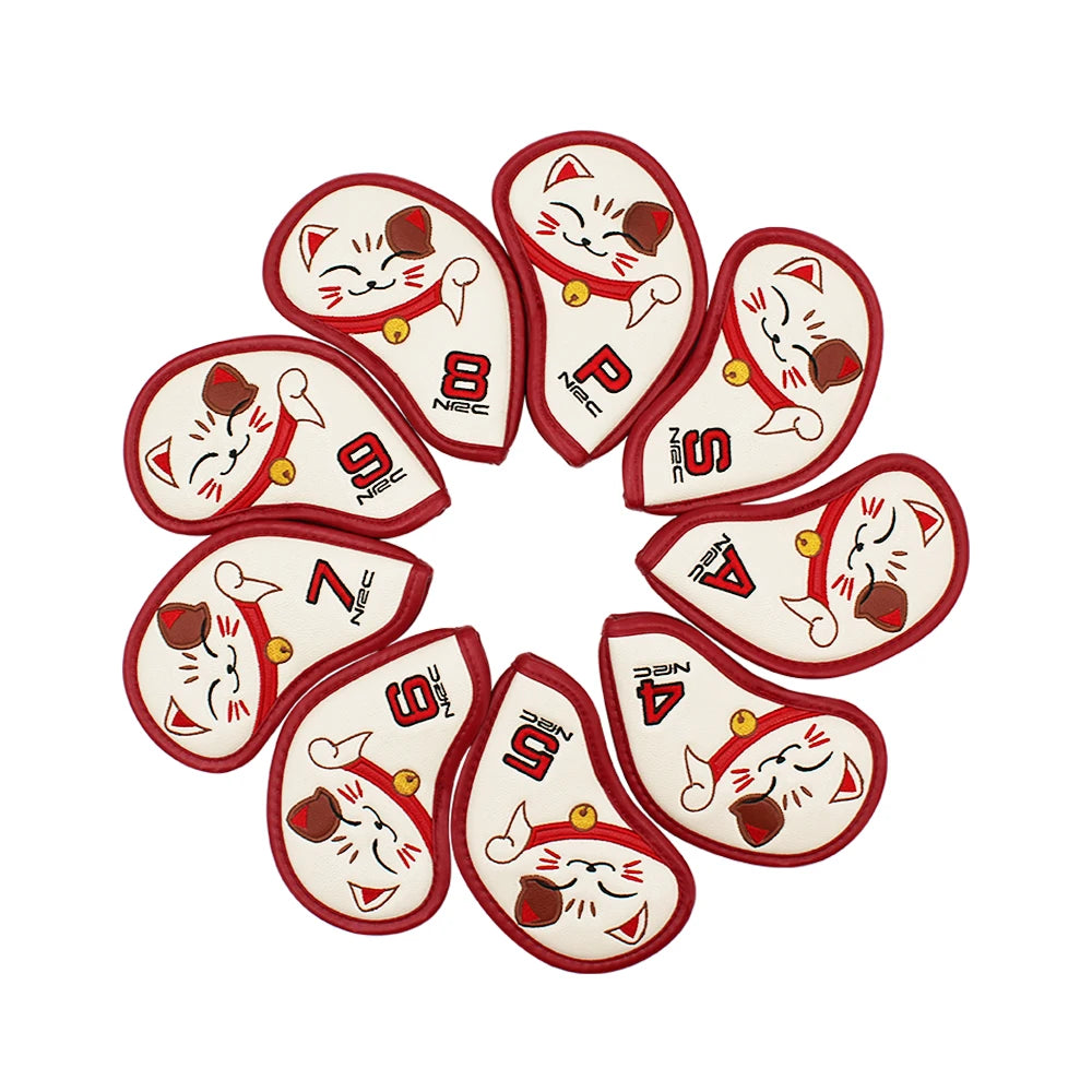 9Pcs Golf Iron Covers Set Cute Cat Design PU Leather Waterproof Club Headcovers for Irons Golf Club Protector Accessories