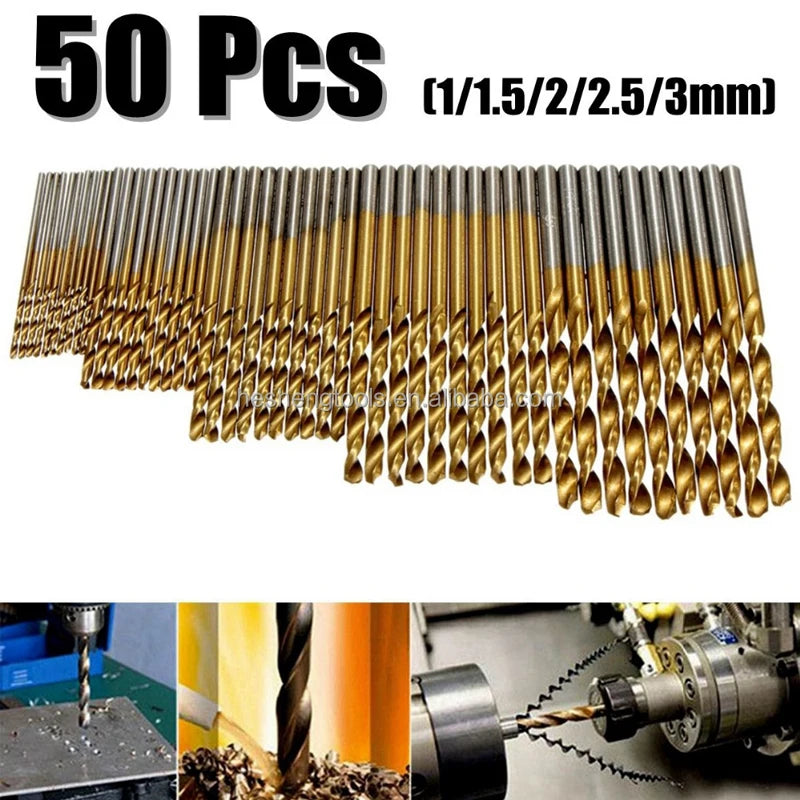 50pcs HSS Titanium Coated Twist Drill Bit Set 1-3mm Straight Shank Micro Mini Drill Bits for Wood Metal Drilling