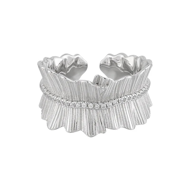 Original Korean Style S925 Sterling Silver Ring Texture Irregular Hemline Zircon Wide Finger Women Fine Jewelry Gifts