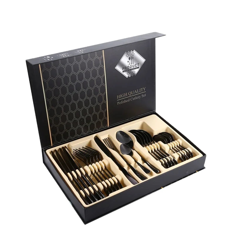 Hot Selling Luxury Eco-Friendly Wedding 24-Piece Portable Stainless Steel Flatware Spoon Fork Knife Laser Logo Fast Delivery