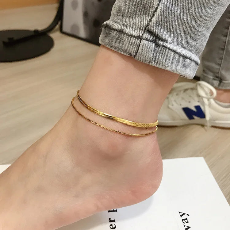 Minimalist Fashion Double Layers Anklet Snake and Box Chain 18k Gold Plated Waterproof Stainless Steel Anklet Woman