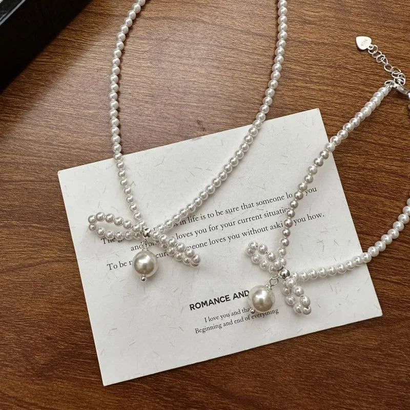 Beautiful Fine Jewelry 925 Sterling Silver Synthetic Pearl Strand Bowknot Beaded Necklace Bracelet for Women Girl