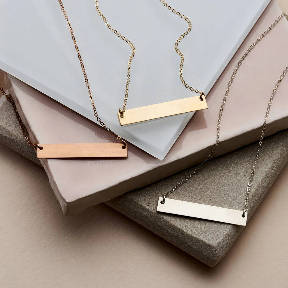 New Fashion Gold Silver Blank Rectangle Charm Stainless Steel Horizontal Bar Pendant Necklace for Women Men DIY Jewelry