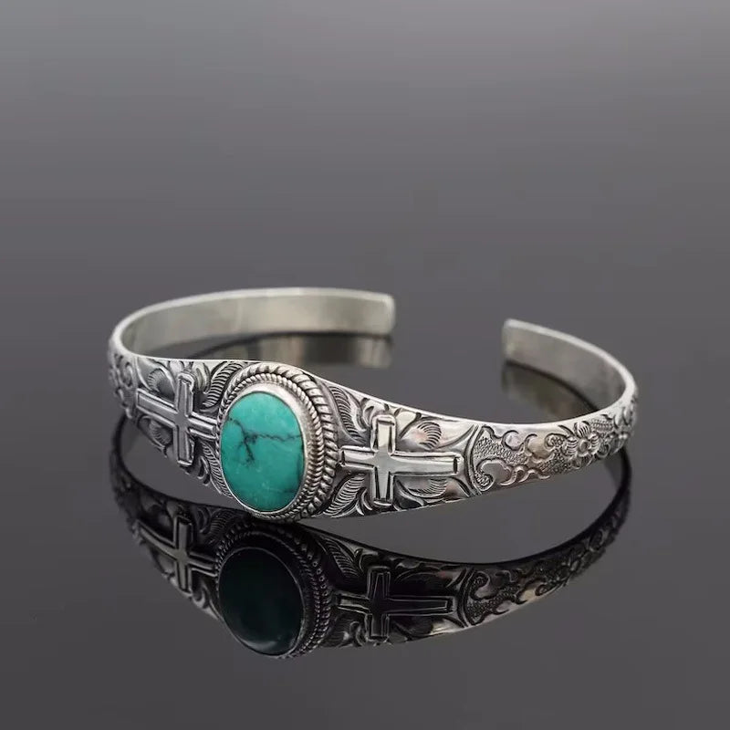 2024 Boho Ethnic Vintage Silver Plated Men'S and Women'S  Vintage Pattern Inlaid Turquoise