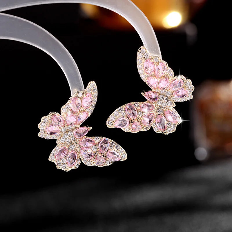 Wholesale Luxury Zircon Butterfly Statement 14k Gold Plated Multi Color Cubic Zircon Crystal Big Butterfly Stud Earrings