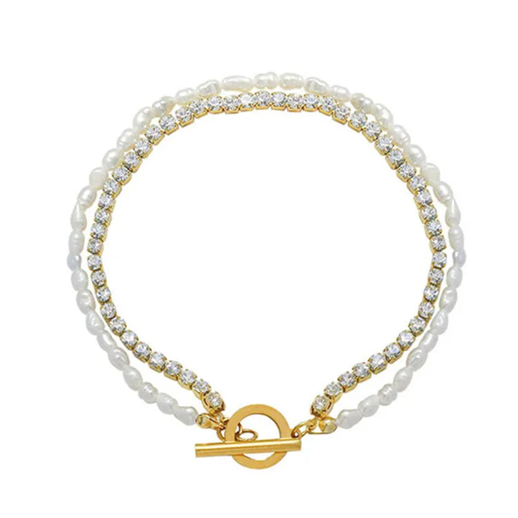 New Designs Double Layered Women Jewelry 18K Gold Plated Stainless Steel Beaded Freshwater Pearl CZ Tennis OT Bracelet for Wo