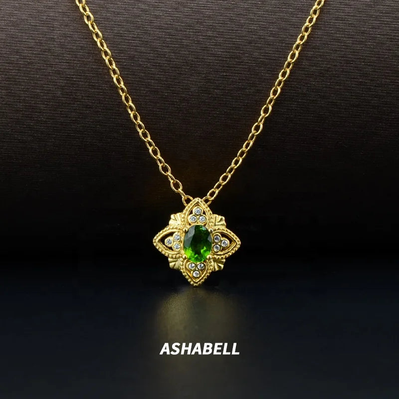Inlaid Diopside Gemstone Pendant Necklace Women Fine Jewelry Silver Plated Gold Vintage 925 Silver Sterling Silver Rhombus 1 