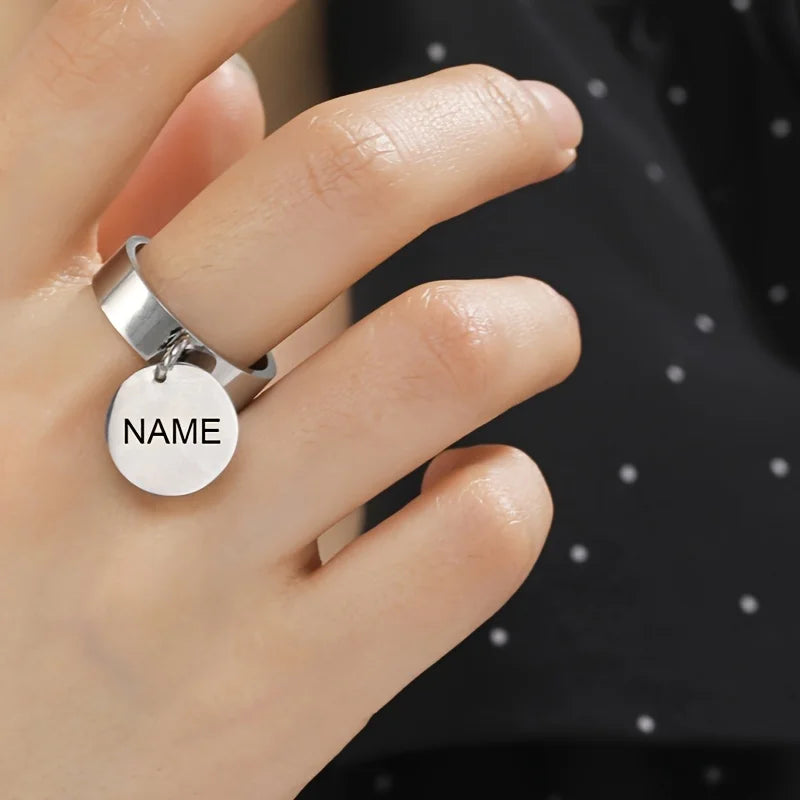 Women's Jewelry Custom Stainless Steel Gold Color Minimalist Ring With Disc Round Pendant Finger Sigent Rings