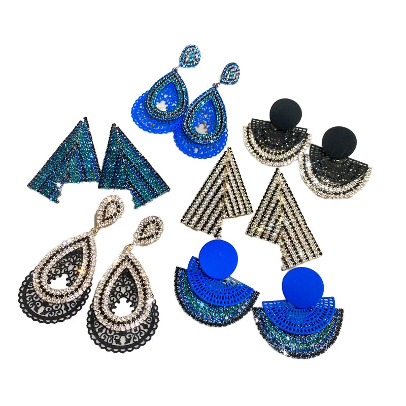 HOVANCI Blue Crystal Thread Diamond Tassel Earrings Asymmetric Waterdrop Aretes with Half Circle Engraving Fashion Drop Arete