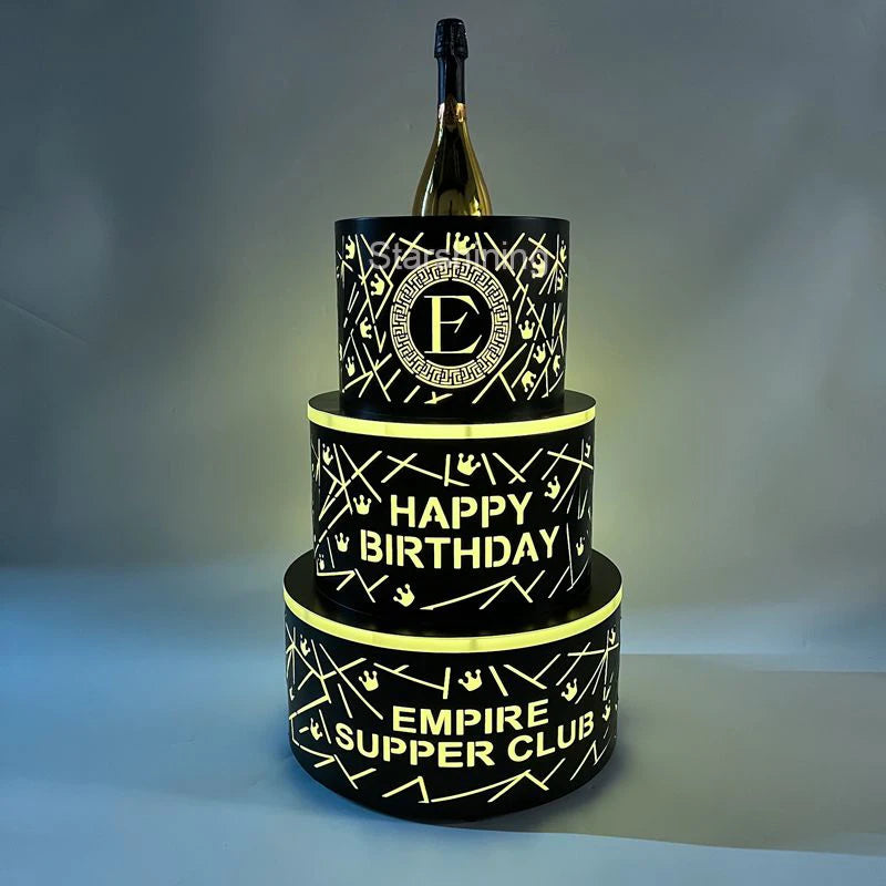 Wholesale OEM Custom LOGO Metal 3 Tiers VIP Display LED Bottle Presenter Happy Birthday LED Cake for Night Club bar Party Lou