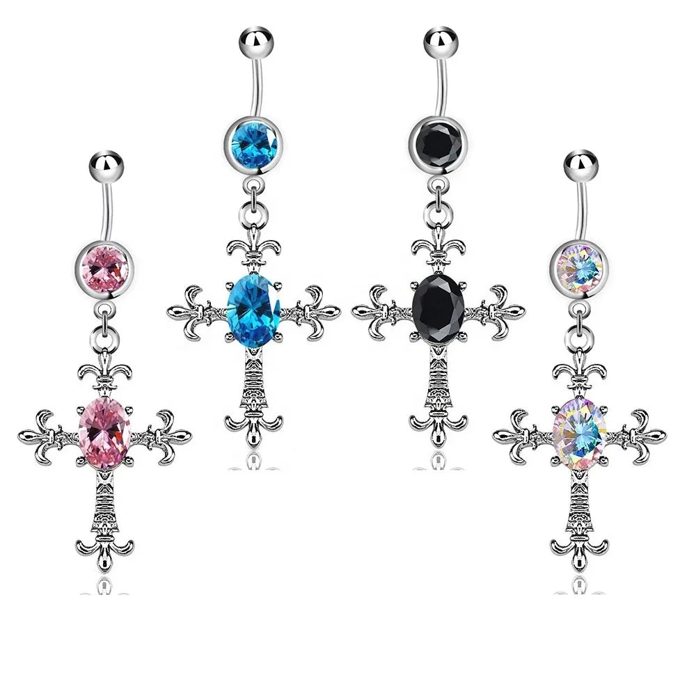 Fashion Piercing Jewelry Crystal Belly Button Ring Surgical Steel Rhinestone Cross Navel Belly Piercing Ring