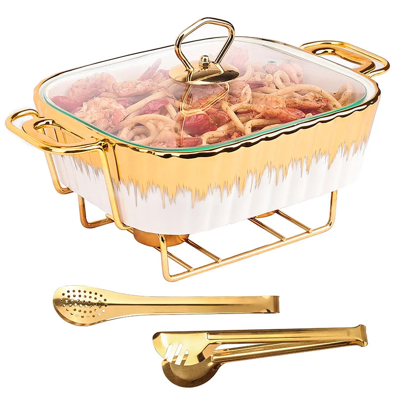 Family-Size Luxury Ceramic Chafing Dish with Glass Lid Rectangular Buffet Tray and Catering Casserole White for Party Caterin