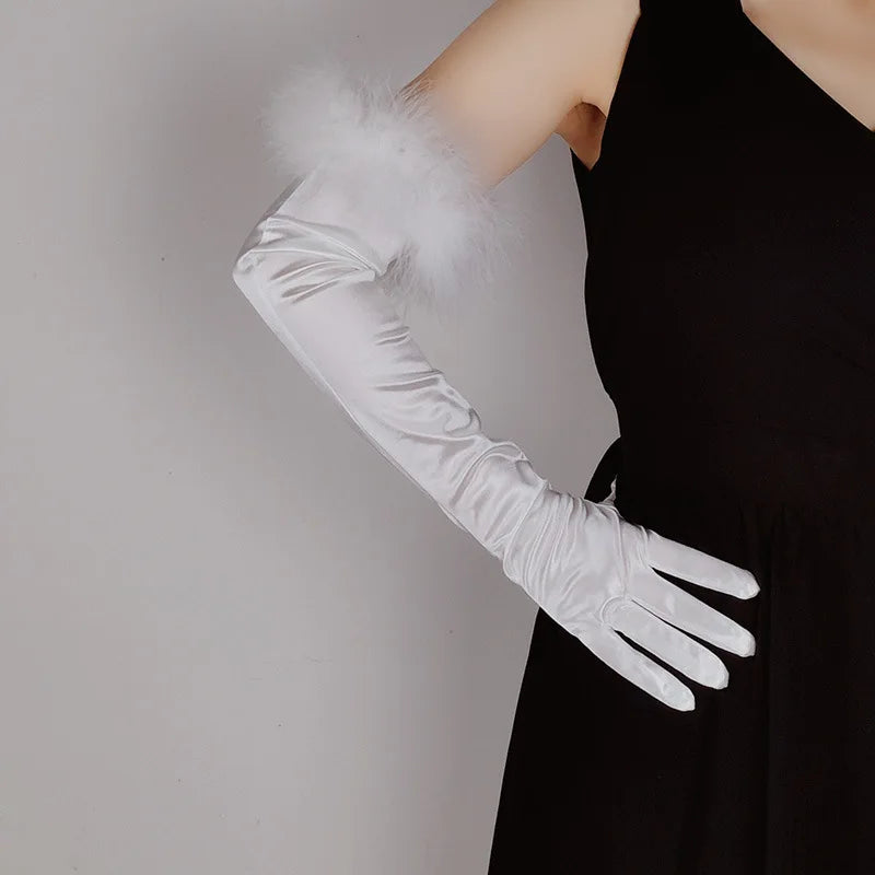 2025 Women Stylish  Summer Vintage Satin Black Feather Lace Long Wedding Dress Stretch Spandex Satin Ceremonial Sunscreen Glo