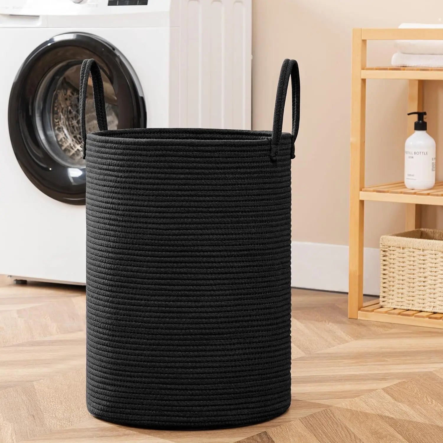 2024 Hot Sale  Black Storage Basket Handmade Foldable Woven Laundry Basket Eco-friendly Cotton Rope Customized Laundry Basket