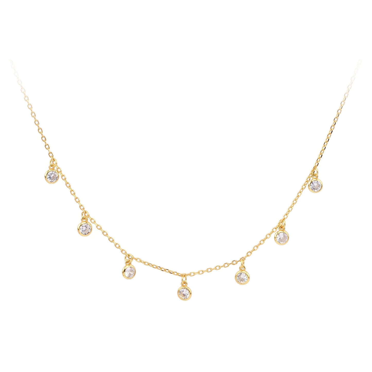 Dainty Gold-Plated Sterling Silver Women's Necklace Round Zircon Dangle Charm Bezel Setting Fashion Jewelry Gift for Annivers