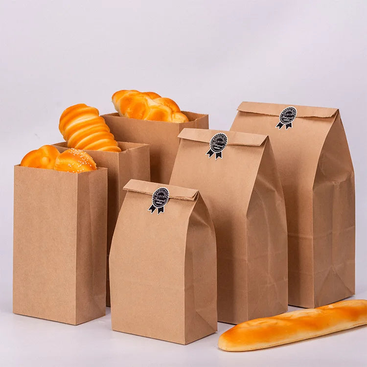Bakery Food Offset Printed Biodegradable Brown Takeaway Kraft Bread Packaging Paper Bags for Noodle Salad More