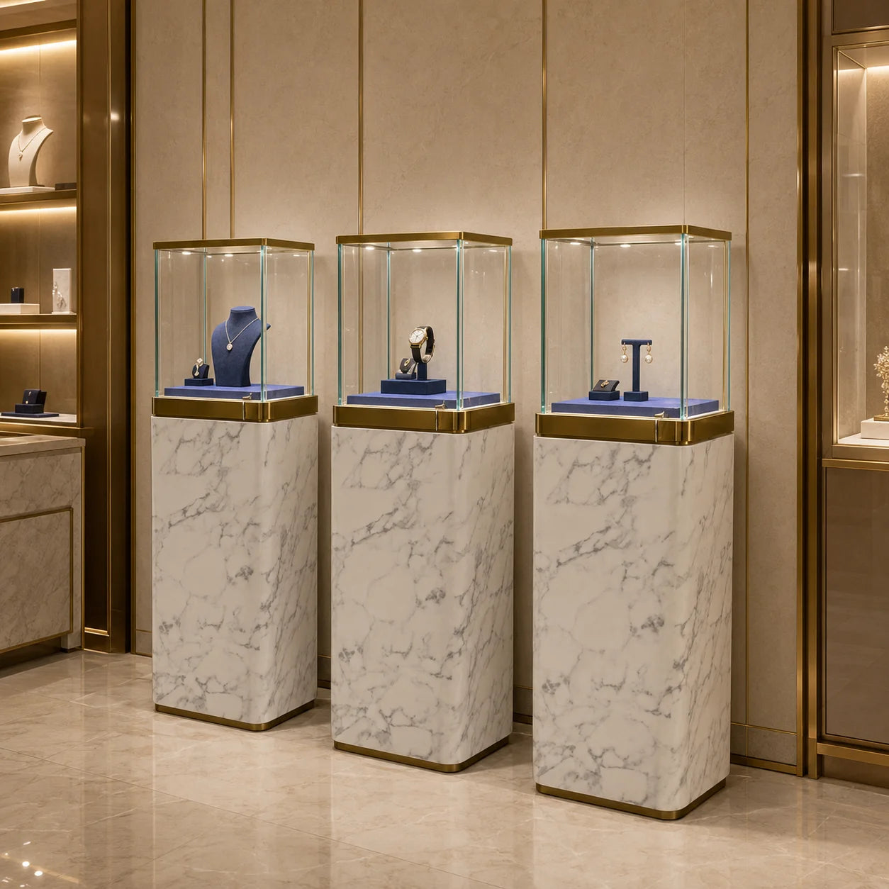 Retail Luxury Modern Jewelry Display Cabinet Tall Glass Showcase Gold Trim LED Spotlights Marble Look Base Heavy Duty Fine