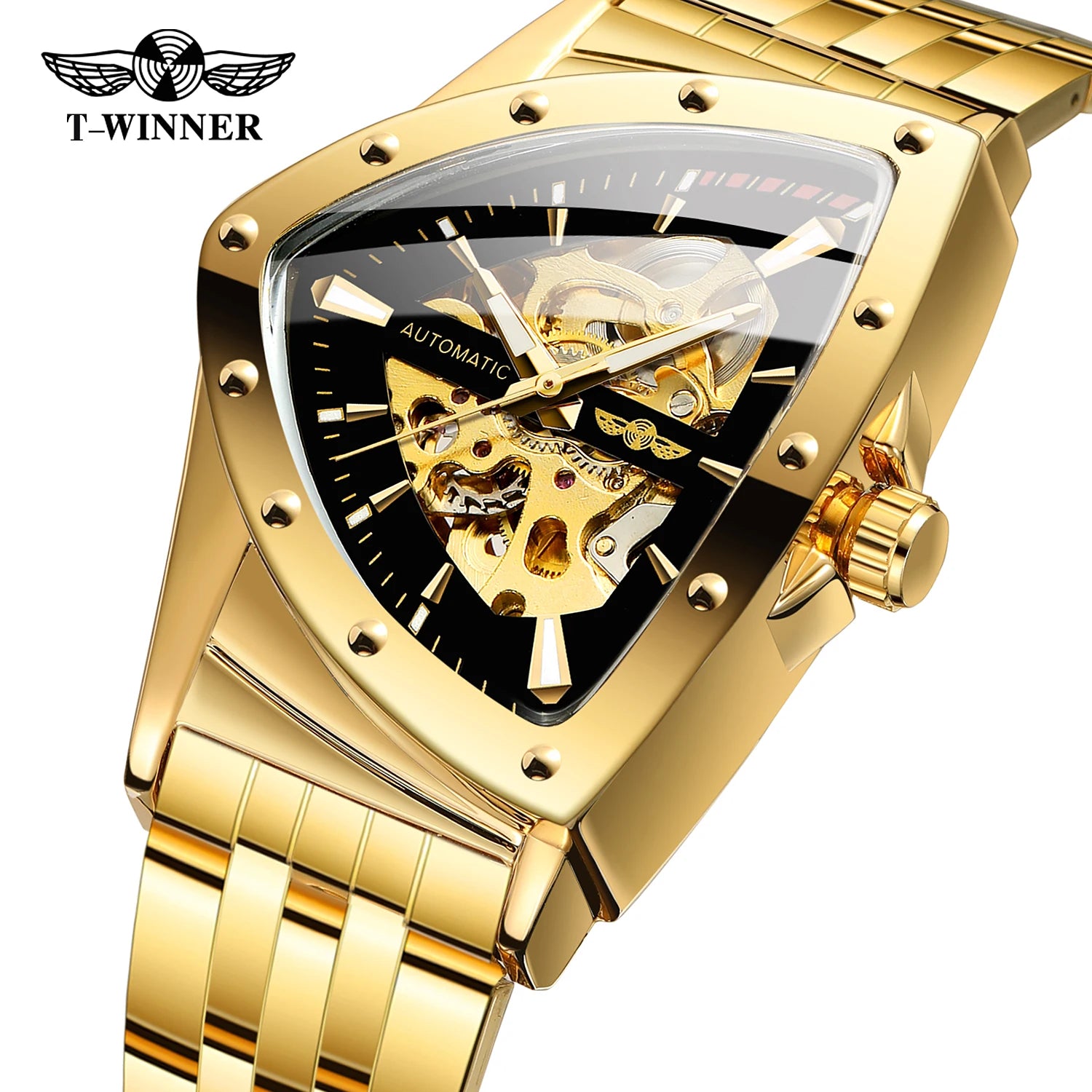 T-Winner Men's Skeleton Luxury Automatic Watch with Power Reserve Shanghai Movement New Alloy Case Stainless Steel Band