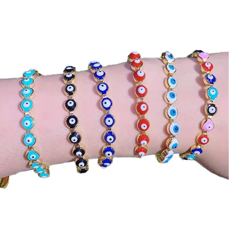 BM1024 18k Gold Silver Plated Rainbow Blue Enamel Multicolored Evil Eyes Spiritual Bolo Chain Slide Bracelet Protection Jewel