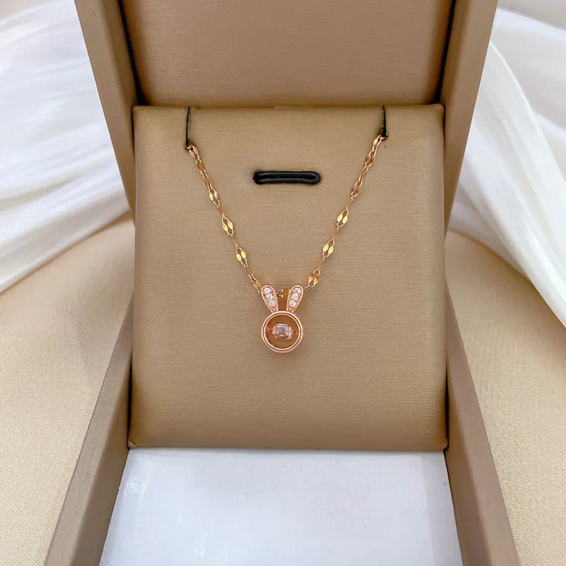 New Light Luxury Titanium Steel Rabbit Ear Shape Diamond Necklace for Women Collar Chain Stainless Steel Jewelry Charm