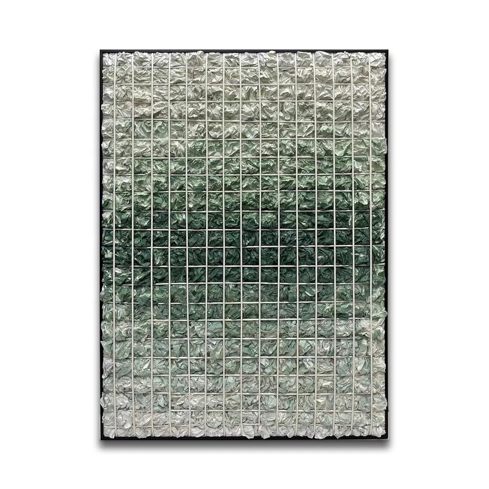 Contemporary Decorative 3D Wall Art Abstract Gradient Green Paper Ruffle Grid Rectangle Electric Metal Hanging Art