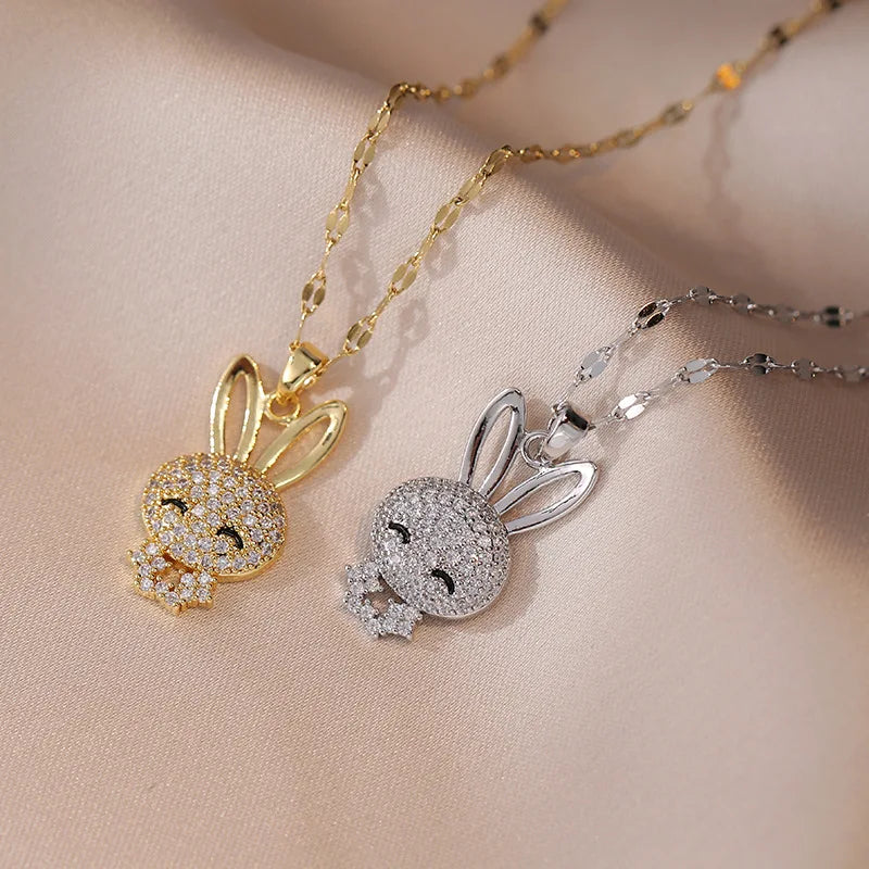 Zircon Rabbit Full of Diamond Micro-inlaid Copper Plated Gold Pendant Necklace