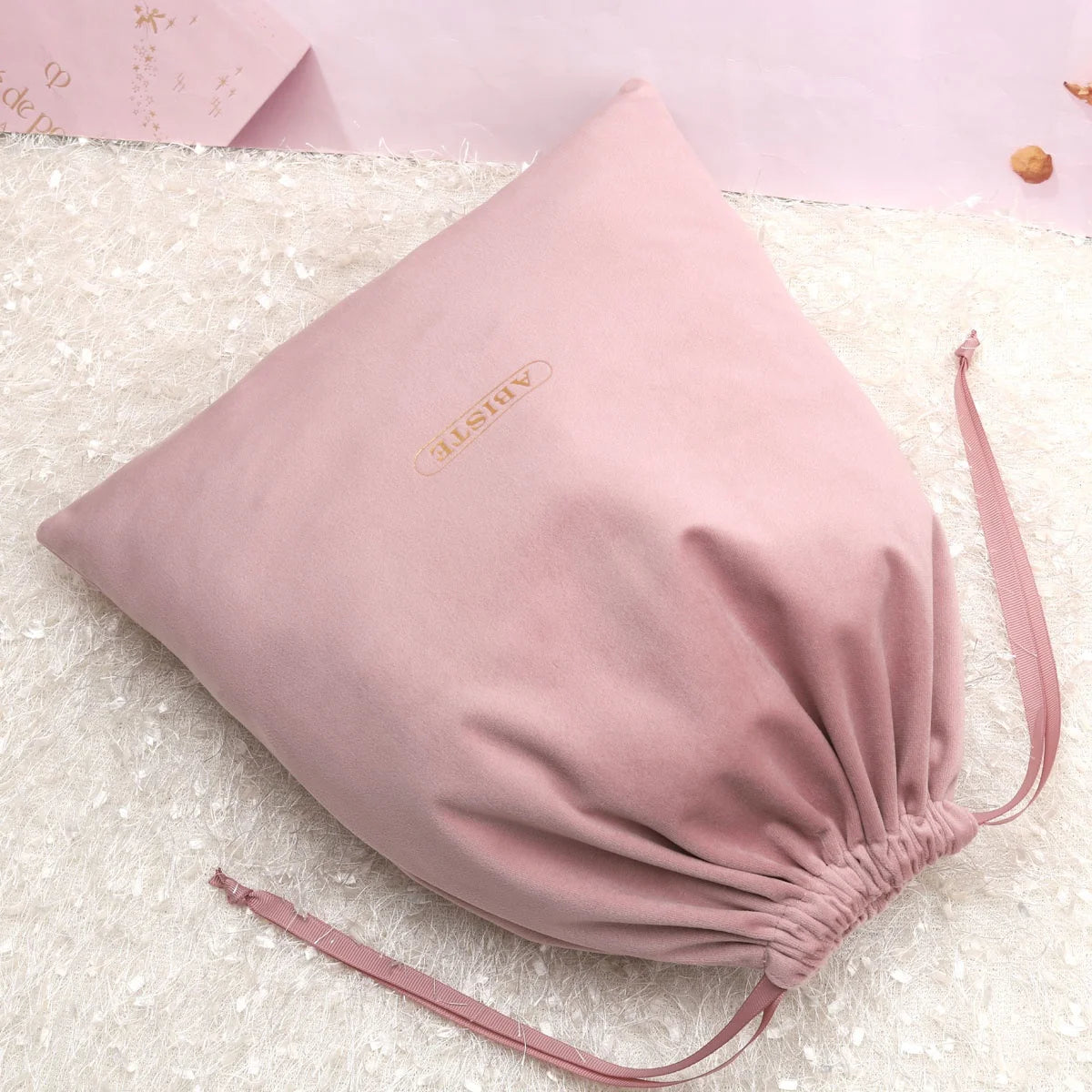 Custom Embroidery Soft Velvet Dust Bag for Packaging Shoe Handbag Drawstring Rose Gold Cosmetic Gift Velvet Pouch