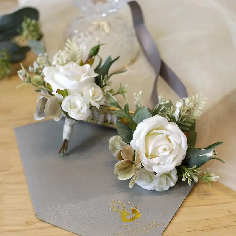 E Faux Pearl Decor Wrist Corsage Ribbon Flowers Artificial Roses Satin Silk Wedding Flower Boutonniere Pin Wrist Corsage for 