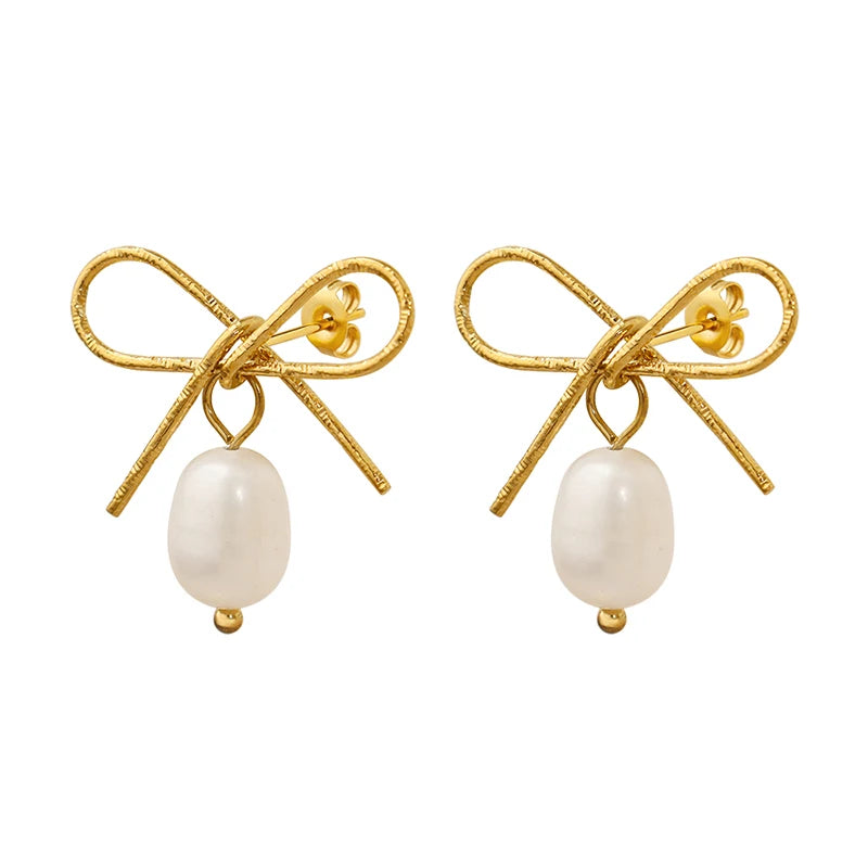New Sweet Earrings Bow Design Fashion Stainless Steel Earrings With Fresh Water Pearl