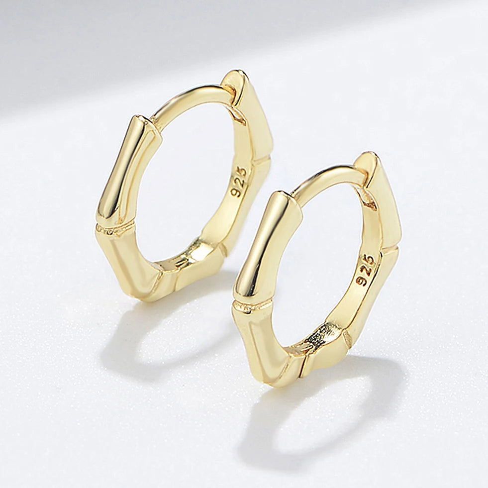 Wholesale Minimalist Bamboo Knots Plant Plain Jewelry Psj S 925 Sterling Silver 14k Gold Plated Huggie Earrings for Women Gir