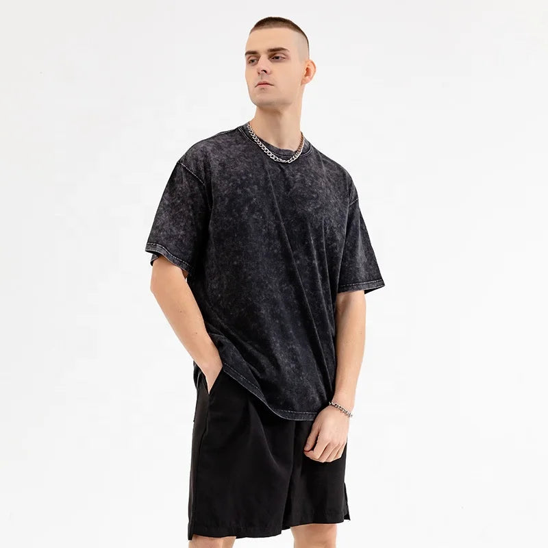 Men's Loose Fit Cotton T-Shirt 260G Distressed Stone Short-Sleeved Snowflake Fried Design Over-Sized Washed Fashion Brand