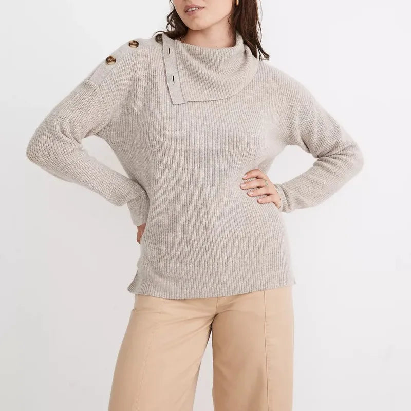 2023 Winter Custom Design LOGO Solid Color Oversized Button-Shoulder Long Sleeve Turtleneck Pullover Women Knitted Wool/Cashm