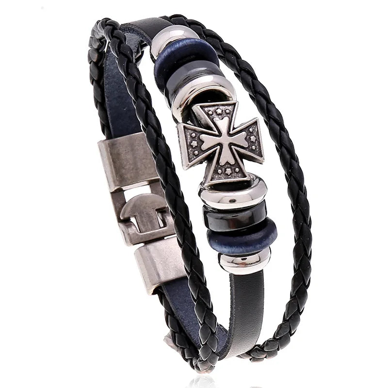 Wholesale Handmade Leather Bracelet Classic Cross Bangle Punk Rock Men Bracelet Cross Jewelry