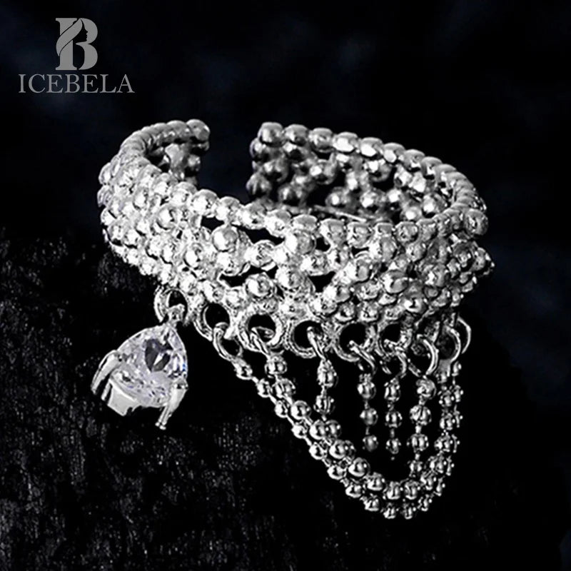 ICEBELA Original Design 925 Sterling Silver  Beanie Chain Ring  Ins Wind Adjustable Diamond Rings for Women