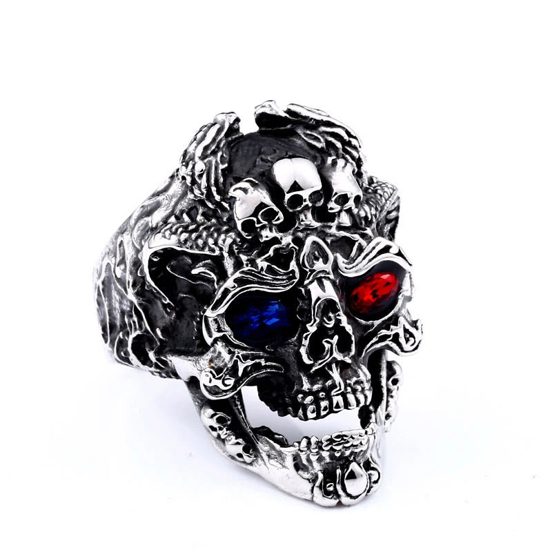 OAHLAN Wholesale Fashion Jewelry Punk Vintage Style Skull Red Blue Gemstone Inlay Titanium Stainless Steel Rings for Men