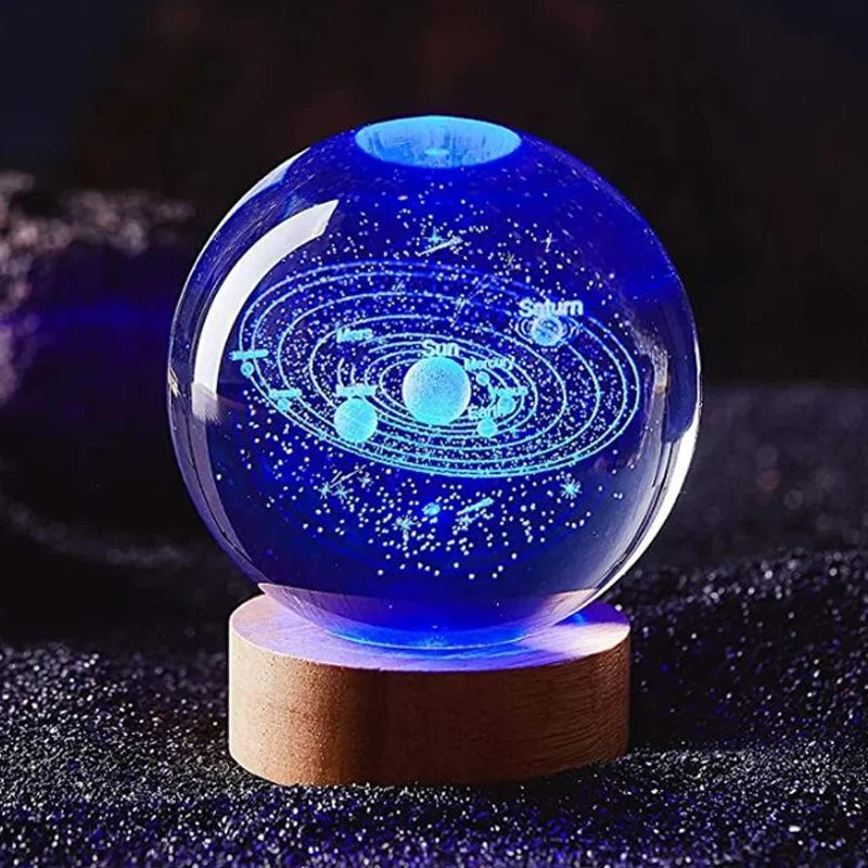 Crystal Gift Galaxy Solar System Planet Sphere Laser 3D Carved Moon Fairy Crystal Glass Ball with Wood Base LED Light Night L