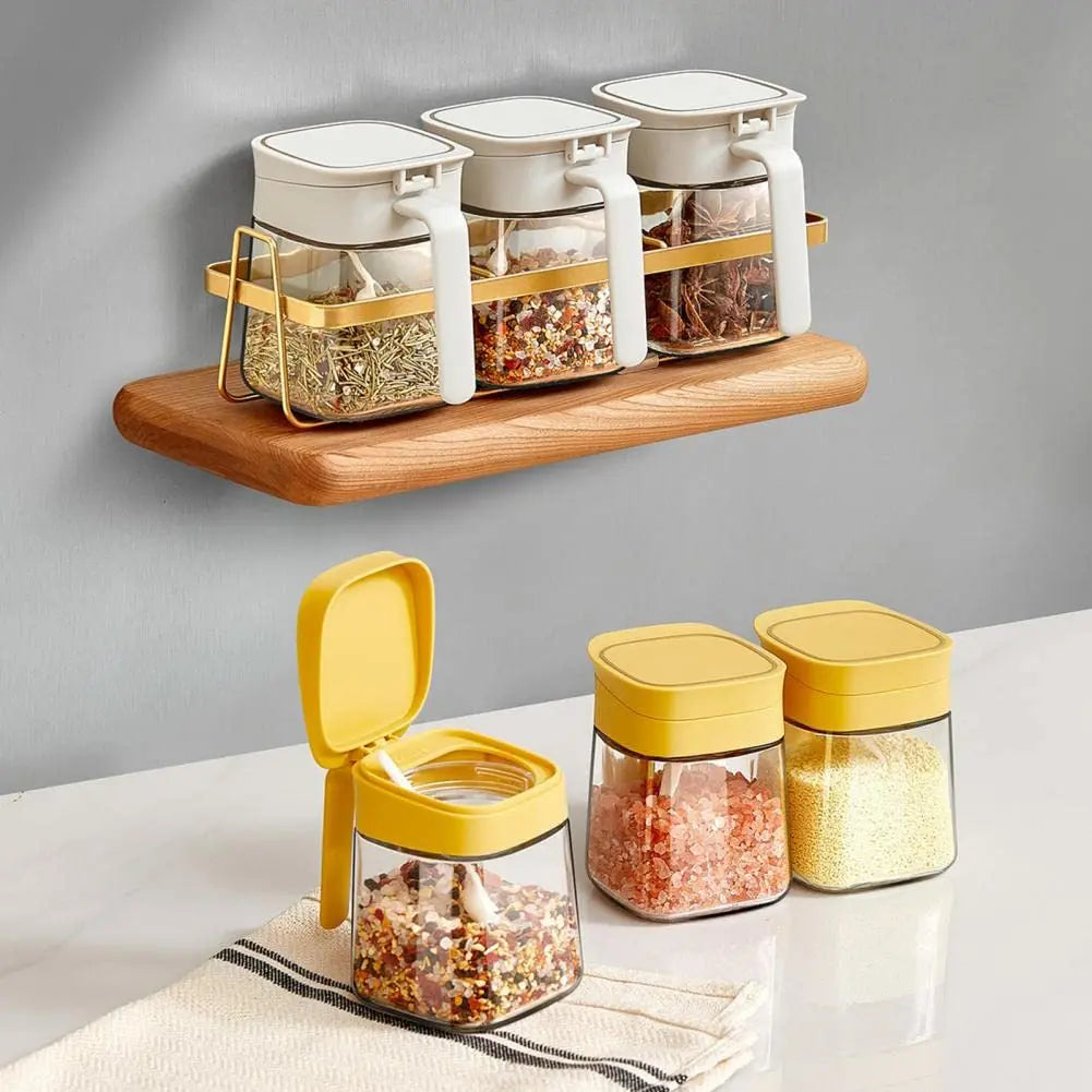 Kitchen Supplies Salt Sugar Pepper Spice Storage Containers Glass Seasoning Box With Spoons and Base