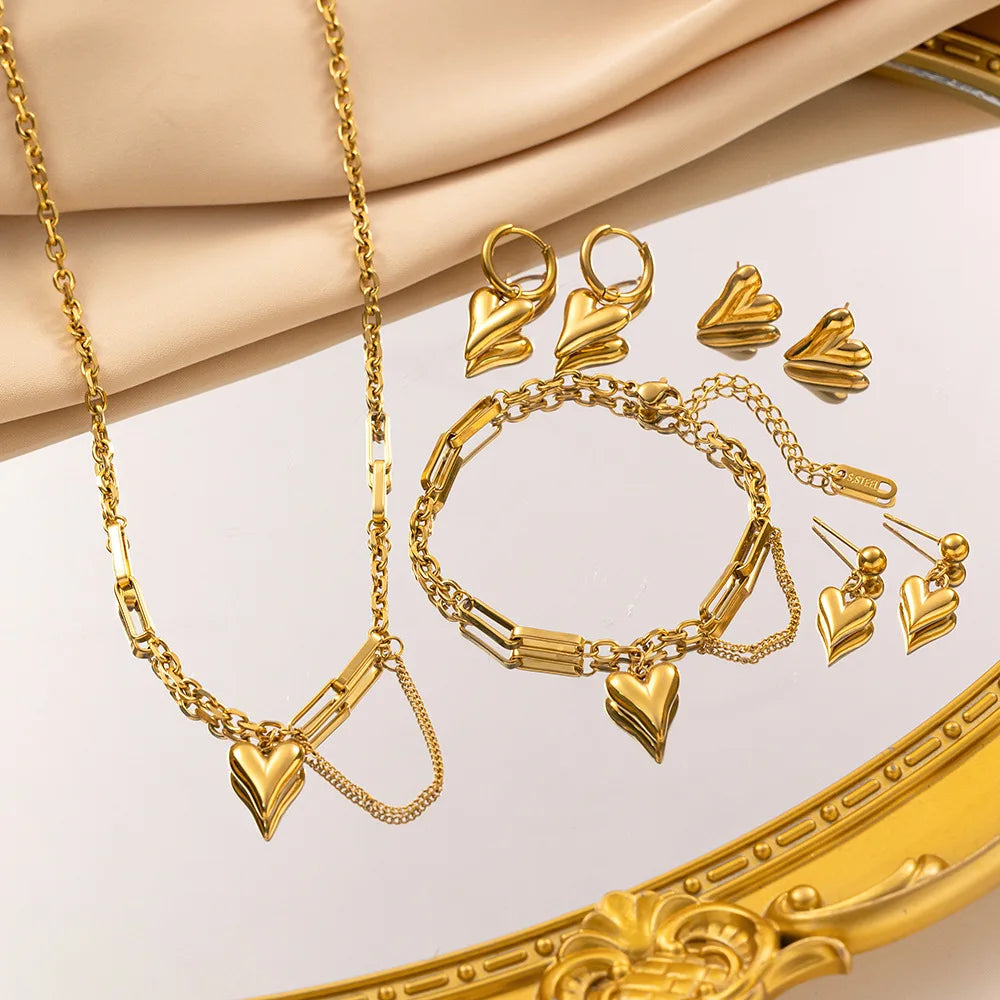 Tassel Panels Clavicle Chain Heart Bracelet Accessory Set Stainless Steel Bracelet for Girls