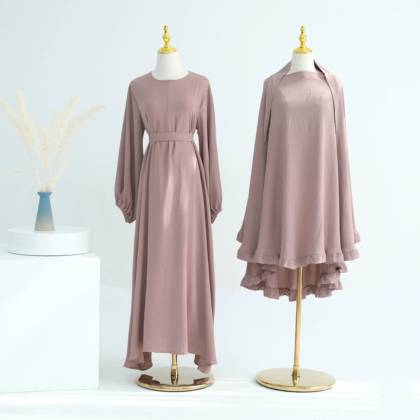 2024 Muslim EID Dubai Abaya Plain Design 2 Piece Khimar Hijab Middle East Turkey Cuff Jilbab