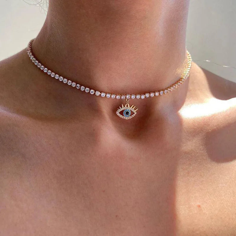 Wholesale Luxury Ziroone Devil Eye Pendant Diamond Tennis Chain Blue Glass Evil Eye Choker Necklace