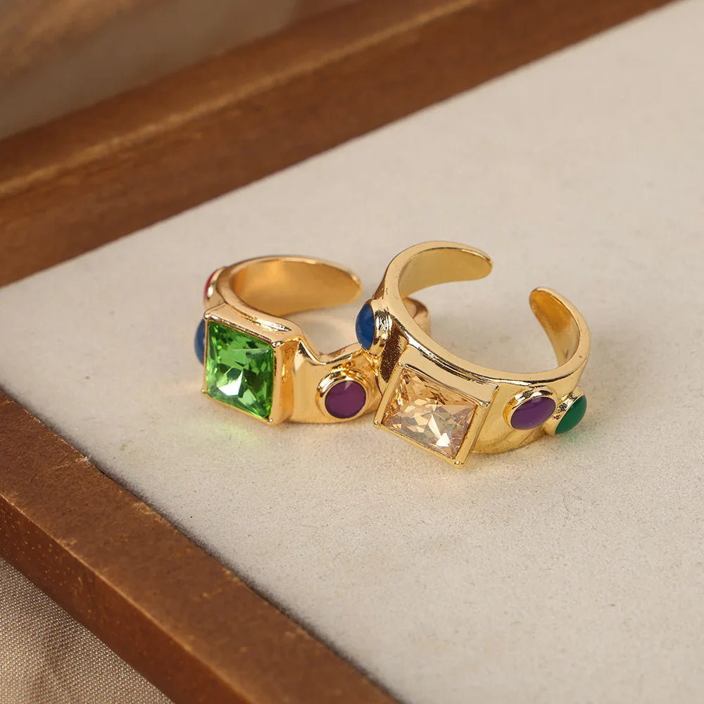 Retro Non Tarnish Copper Brass Bohemia Irregular Geometric Colorful Zircon Gemstone Chunky Open Gemstone Ring for Women Bijou