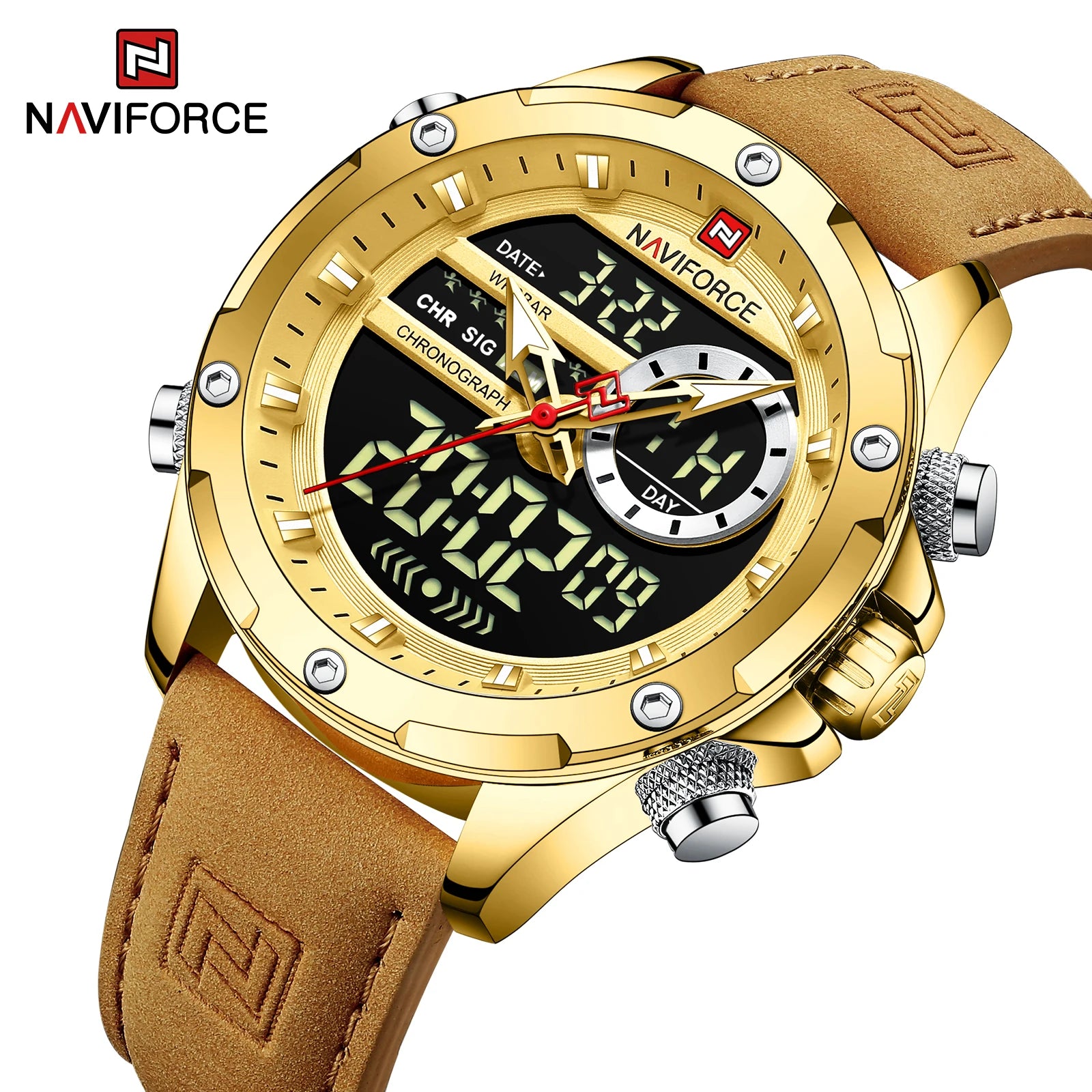 NAVIFORCE Men Watch Digital Sport Top Brand Man WristWatch Gold Genuine Leather Quartz Business Male Clock 9208