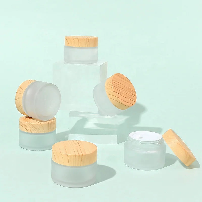 30g Wood Grain Lid and Frosted Tank Body Glass Jar Premium Glass Jars with Attractive Refillable Cream Glass Jar